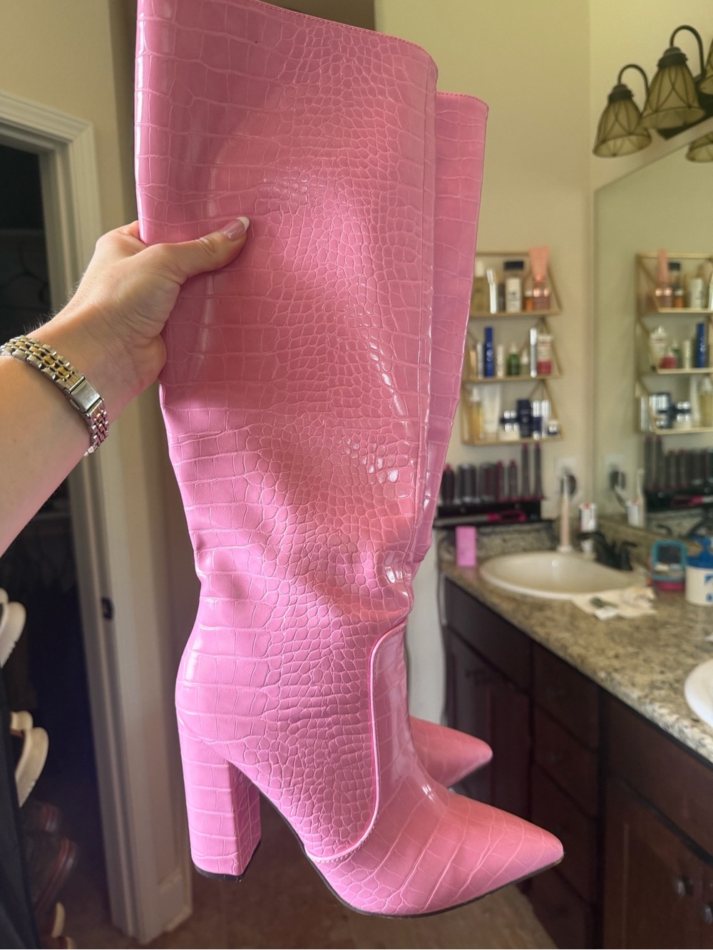 Women's Pink Croc-Embossed Knee High Boots